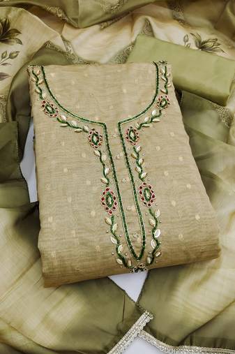light green unstitched weaving digital print handwork with printed dupatta modal butti dress material