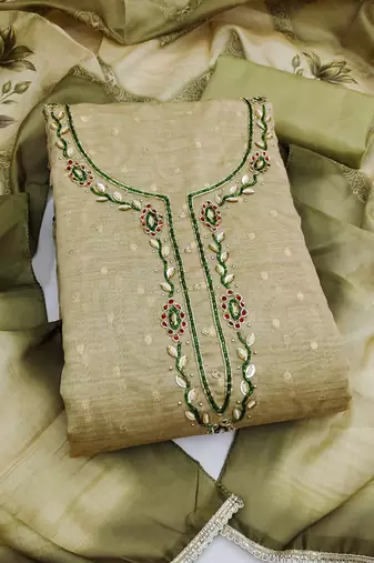 light green unstitched weaving digital print handwork with printed dupatta modal butti dress material