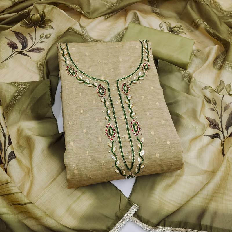 light green unstitched weaving digital print handwork with printed dupatta modal butti dress material