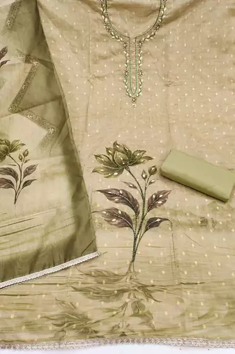 light green unstitched weaving digital print handwork with printed dupatta modal butti dress material