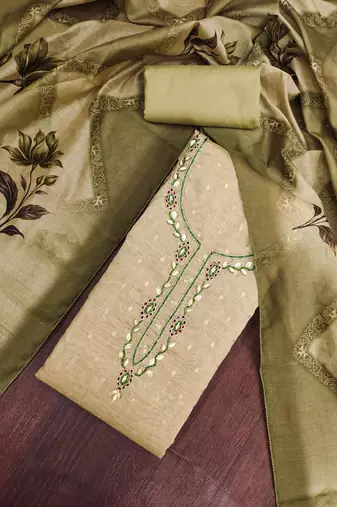 light green unstitched weaving digital print handwork with printed dupatta modal butti dress material