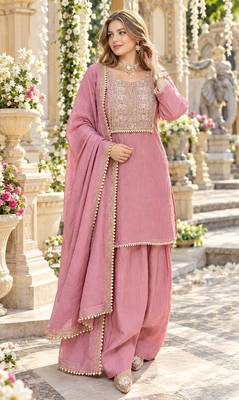 Pink silk blend readymade suit with embroidery & thread work 1