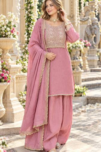 Pink silk blend readymade suit with embroidery & thread work
