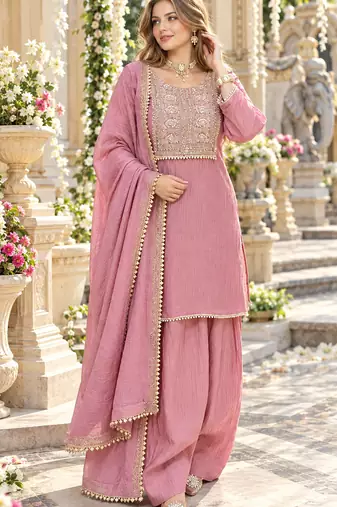 Pink silk blend readymade suit with embroidery & thread work