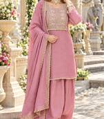 Pink silk blend readymade suit with embroidery & thread work