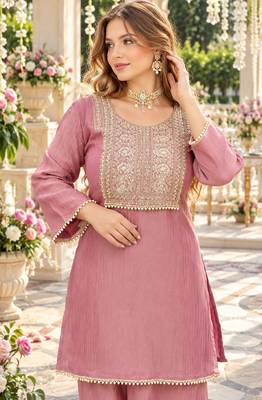 Pink silk blend readymade suit with embroidery & thread work 2