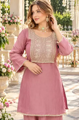 Pink silk blend readymade suit with embroidery & thread work