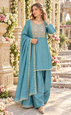 Teal silk blend readymade suit with embroidery & thread work 1