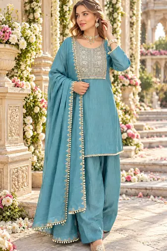 Teal silk blend readymade suit with embroidery & thread work