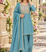 Teal silk blend readymade suit with embroidery & thread work