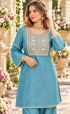 Teal silk blend readymade suit with embroidery & thread work 2
