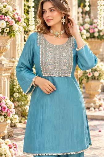 Teal silk blend readymade suit with embroidery & thread work