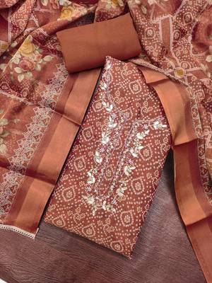 multi unstitched shimmer print handwork with printed dupatta linen dress material 4