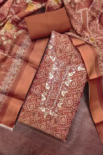 multi unstitched shimmer print handwork with printed dupatta linen dress material