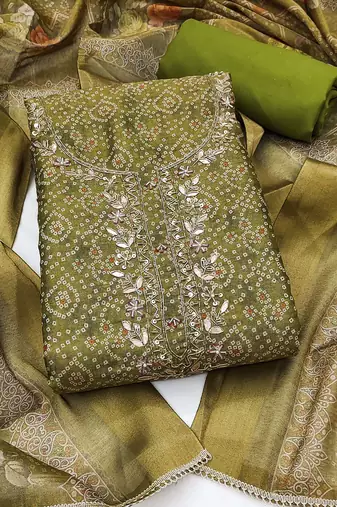 multi unstitched shimmer print handwork with printed dupatta linen dress material