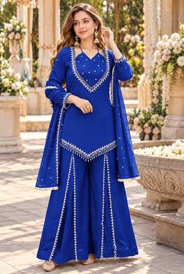 R blue silk blend readymade suit with miroor & moti work 1