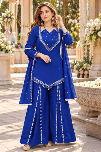 R blue silk blend readymade suit with miroor & moti work