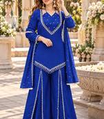 R blue silk blend readymade suit with miroor & moti work