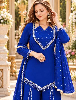 R blue silk blend readymade suit with miroor & moti work 2