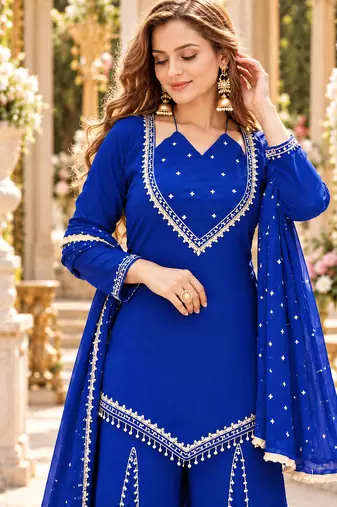 R blue silk blend readymade suit with miroor & moti work