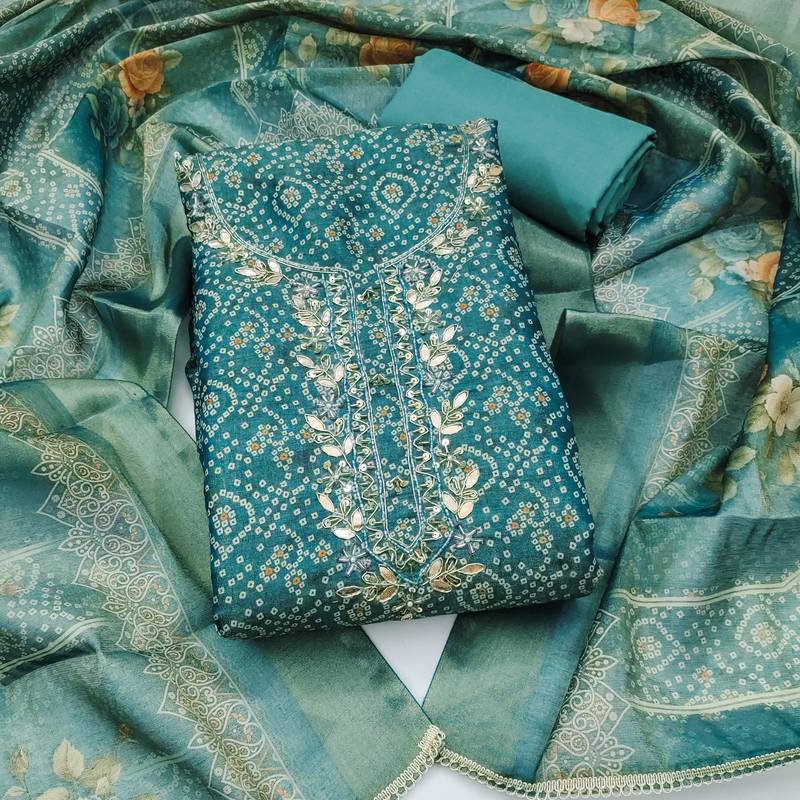 multi unstitched shimmer print handwork with printed dupatta linen dress material