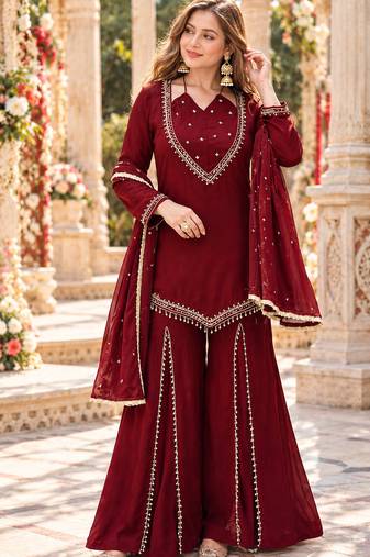 Maroon silk blend readymade suit with miroor & moti work
