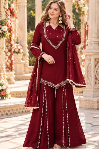 Maroon silk blend readymade suit with miroor & moti work