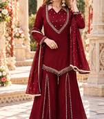Maroon silk blend readymade suit with miroor & moti work