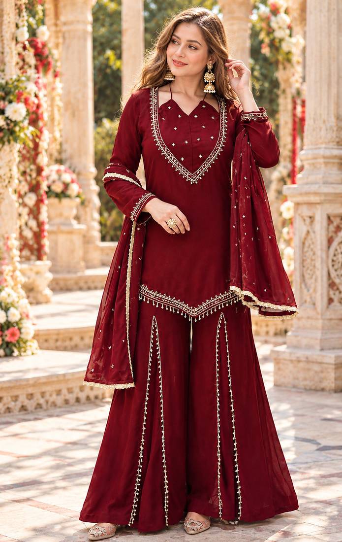Maroon silk blend readymade suit with miroor & moti work