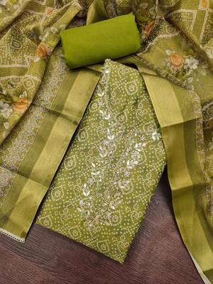 multi unstitched shimmer print handwork with printed dupatta linen dress material 4