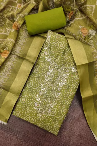 multi unstitched shimmer print handwork with printed dupatta linen dress material