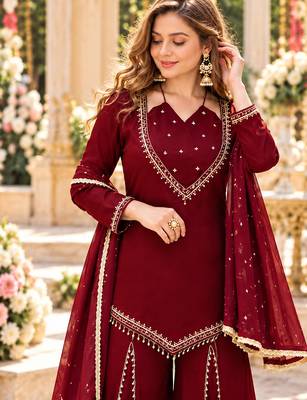Maroon silk blend readymade suit with miroor & moti work 2