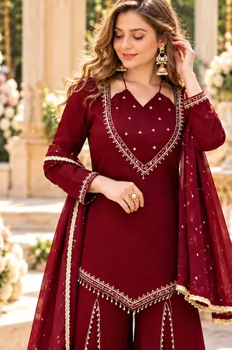 Maroon silk blend readymade suit with miroor & moti work