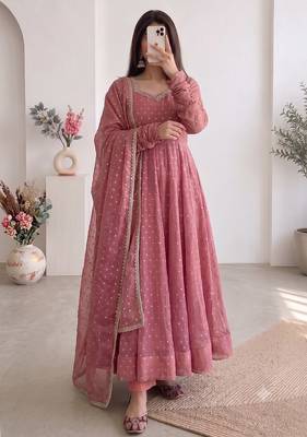 Women dusty rose pink polka dot anarkali suit with solid trouser pant & border dupatta 3