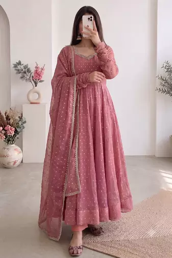 Women dusty rose pink polka dot anarkali suit with solid trouser pant & border dupatta