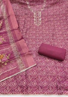 multi unstitched shimmer print handwork with printed dupatta linen dress material 2