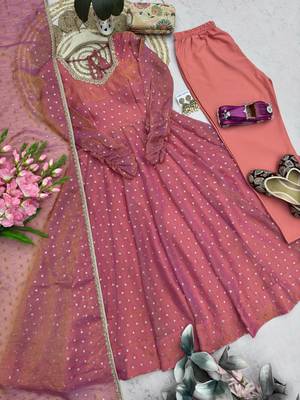 Women dusty rose pink polka dot anarkali suit with solid trouser pant & border dupatta 4