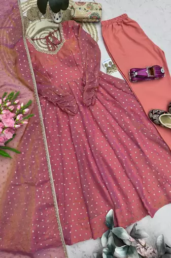 Women dusty rose pink polka dot anarkali suit with solid trouser pant & border dupatta