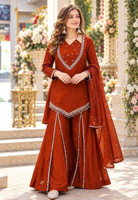 Rust silk blend readymade suit with miroor & moti work 1