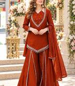 Rust silk blend readymade suit with miroor & moti work
