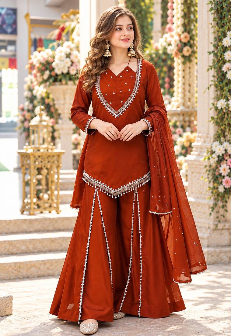 Rust silk blend readymade suit with miroor & moti work