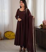 Fancy brown full flared anarkali kurta pant set with lace dupatta for girls & women