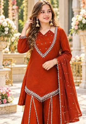 Rust silk blend readymade suit with miroor & moti work 2