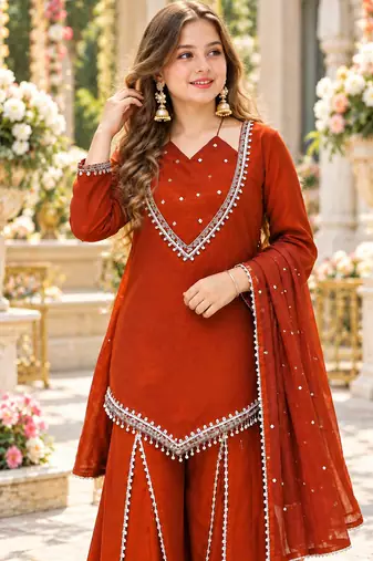 Rust silk blend readymade suit with miroor & moti work