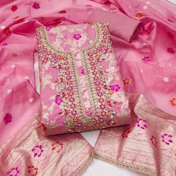 pink unstitched weaving handwork with woven embellished dupatta silk blend dress material 1