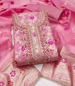 pink unstitched weaving handwork with woven embellished dupatta silk blend dress material