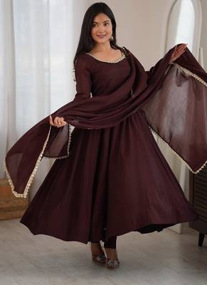 Fancy brown full flared anarkali kurta pant set with lace dupatta for girls & women 2