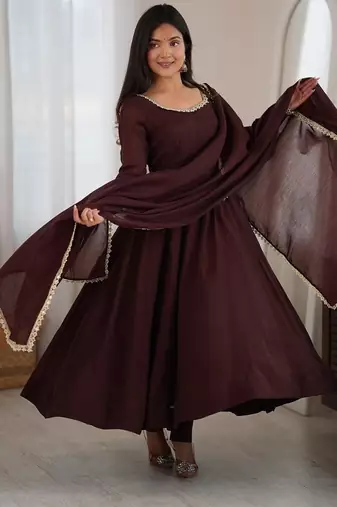 Fancy brown full flared anarkali kurta pant set with lace dupatta for girls & women