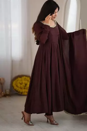 Fancy brown full flared anarkali kurta pant set with lace dupatta for girls & women