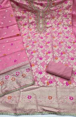 pink unstitched weaving handwork with woven embellished dupatta silk blend dress material 2